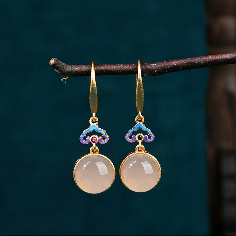 Vintage Chinese 24K Golden Plated Pink Glass Dangle Earrings for Harmony Energy