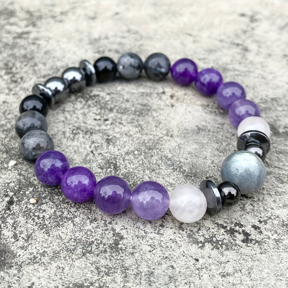 Real Natural Amethyst, Gray-black Flash Stone, 8mm Natural Stone Round Beads, Beautiful and Exquisite Design, Loose Beads Combination, Elastic Line Can Be Adjusted for Comfortable Wearing