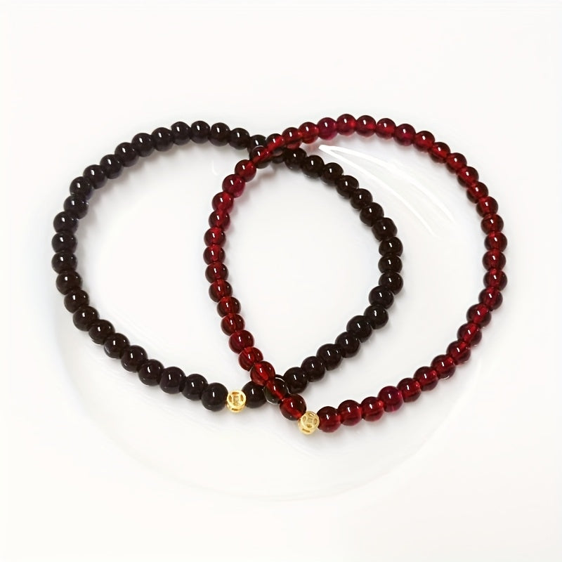 Red Garnet & Black Obsidian Bracelet Set - Lucky Coin Pendant for Couples & Daily Wear