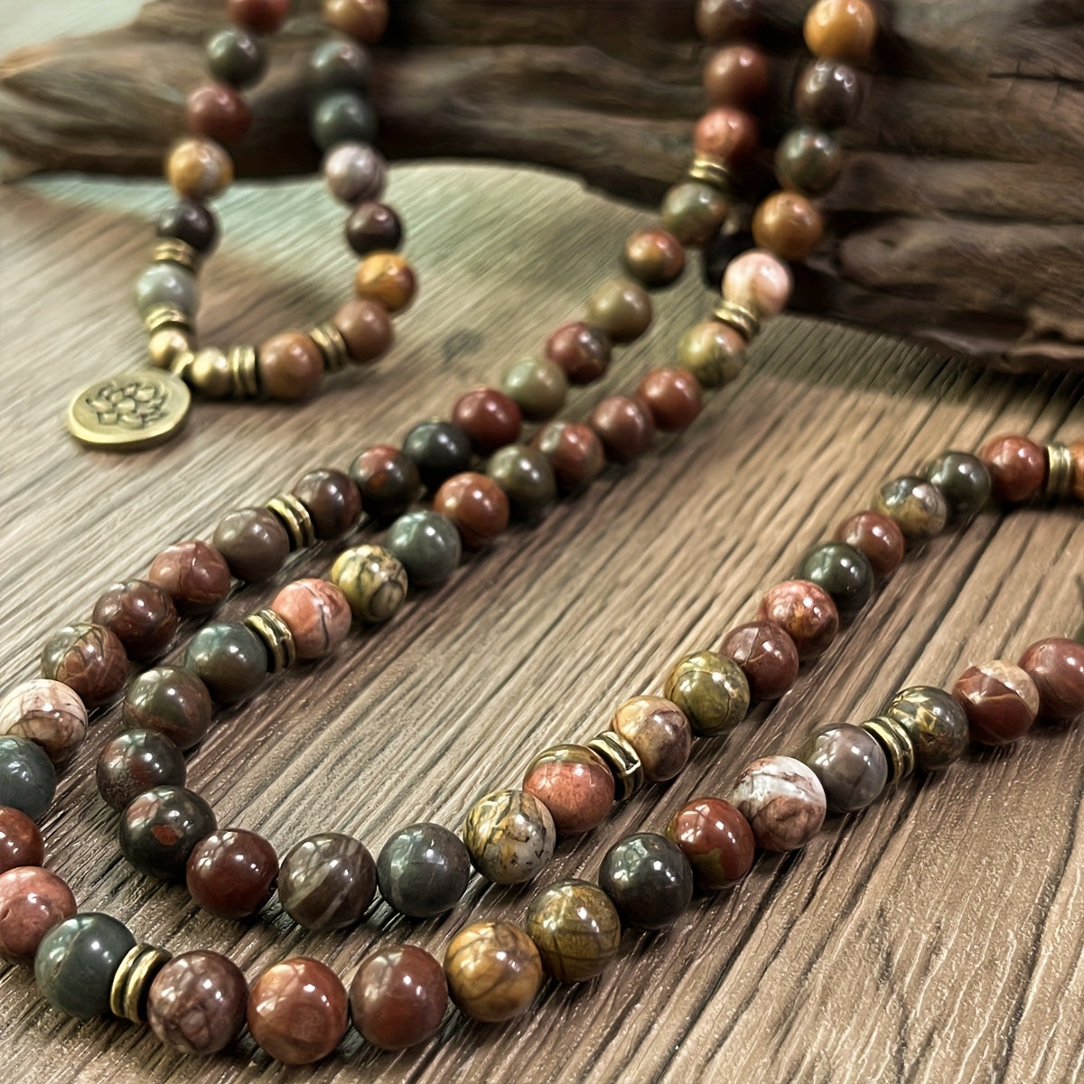 108 Mala Beads Picasso Jasper Bracelet: Bohemian Chakra Jewelry for Meditation & Spiritual Connection