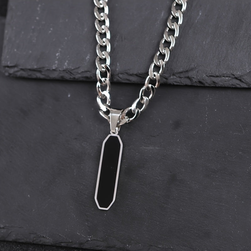 Men's Stainless Steel Cuban Chain Necklace with Black Geometric Pendant - Modern Energy & Versatile Style for Casual & Party Wear