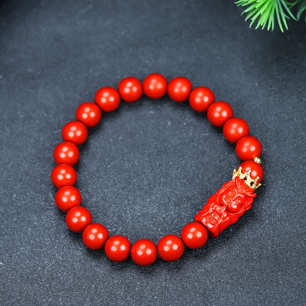 Red Cinnabar Beaded Bracelet with Emperor Dragon Charm for Protection & Prosperity