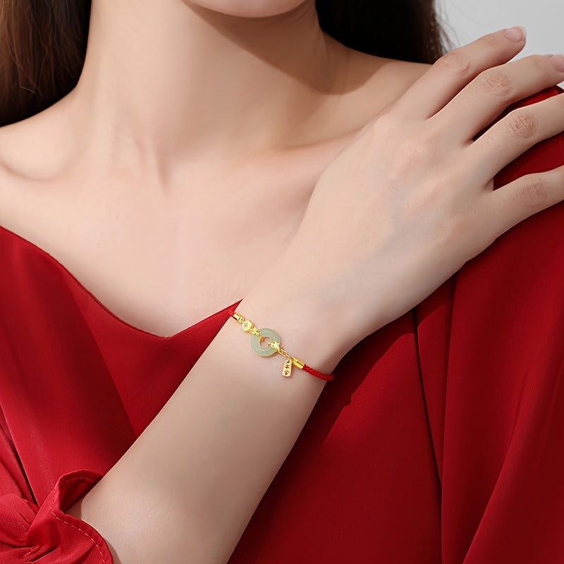 Red Lucky Rope Bracelet with Jade Pi Disc & Gold Accents — Protection, Prosperity & Heart-Calming Energy