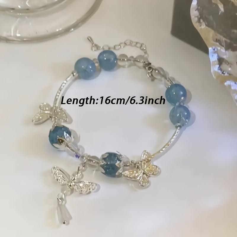 1pc Elegant Bohemian Bracelet - Pastel Blue Beads & Butterfly Charm for Harmony & Serenity