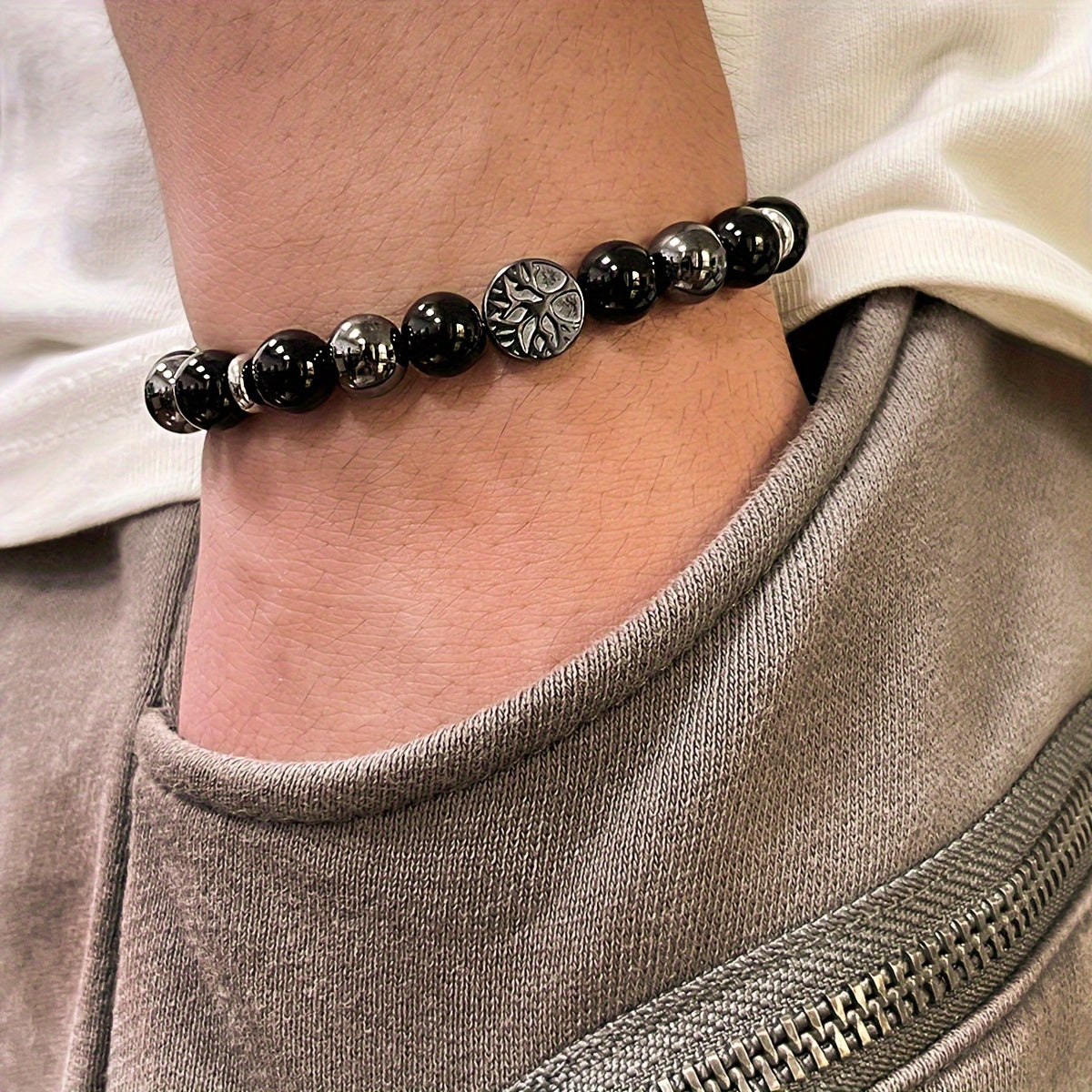 Men's & Women's Fashion Bracelet - Natural Stone Obsidian & Hematite with Tree Pendant for Energy Balance