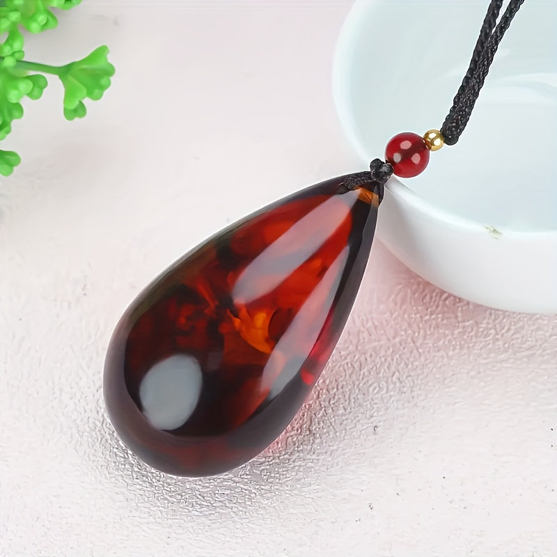 Natural Red Amber Bohemian Teardrop Necklace Pendant - Unisex Retro Jewelry for Women & Men, Valentine's Day & Birthday Gift, September Birthstone