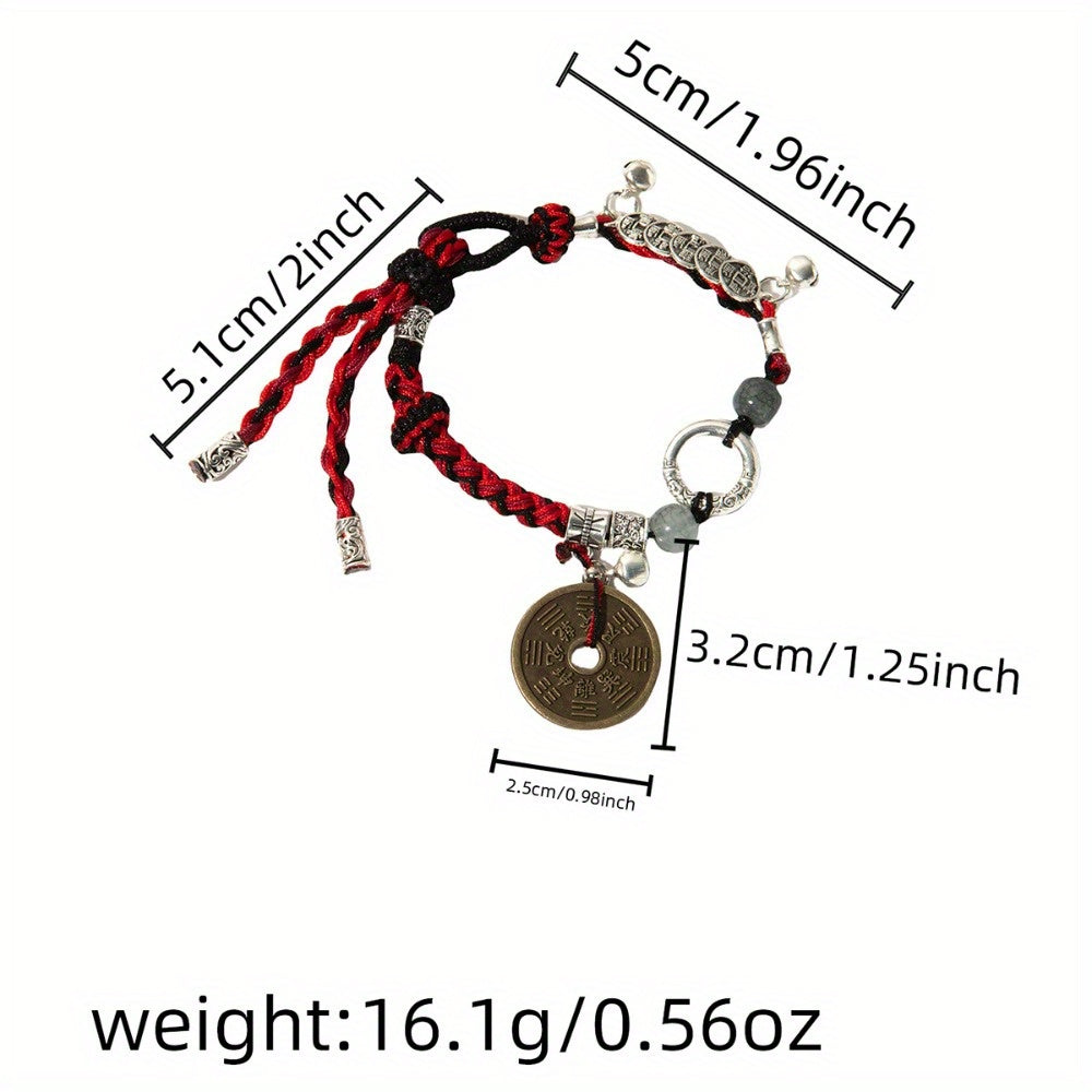 Vintage Chinese Red Rope Energy Bracelet with Feng Shui Coins & Protection Amulet – Wealth, Harmony & Spiritual Balance