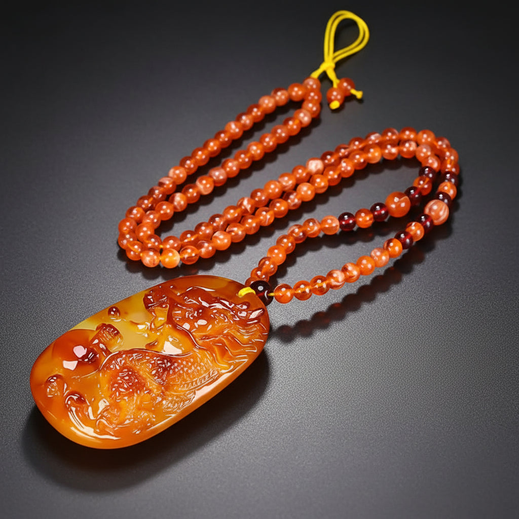 Natural Amber Dragon Pendant Necklace for Men - Uncoated Baltic Amber with Red Beads, Spiritual Protection & Masculine Energy