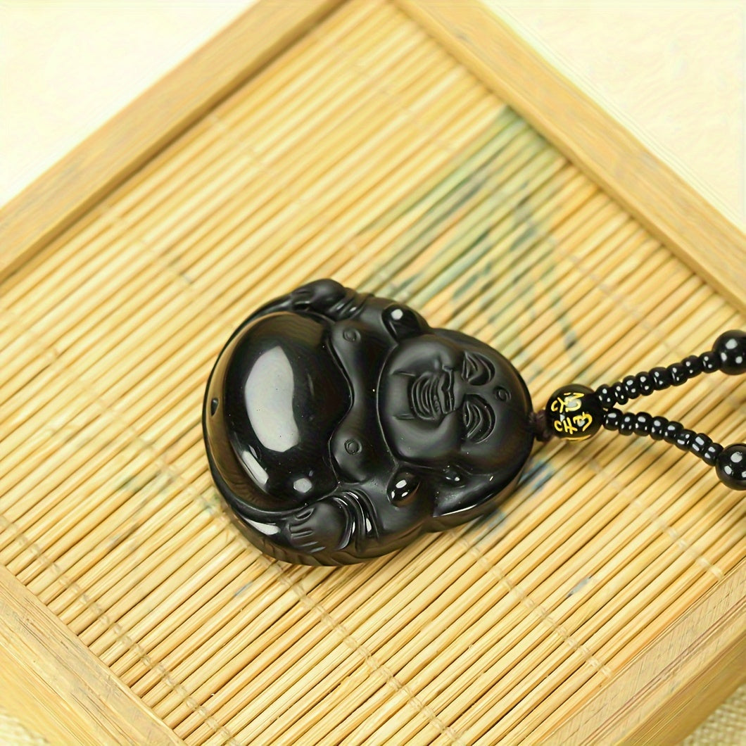 Men's Natural Obsidian Laughing Buddha Pendant Necklace for Protection, Joy, and Grounding