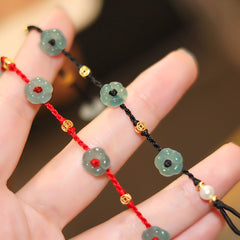 Niche Design Foot Chain - Hand-Woven Leg Rope with Green Jade Flower & Gold Accents for Elegant Ankle Style