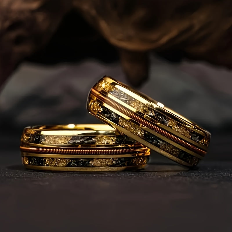 18K Gold Guitar String Band Ring Set - Unique Mosaic Design for Music Lovers