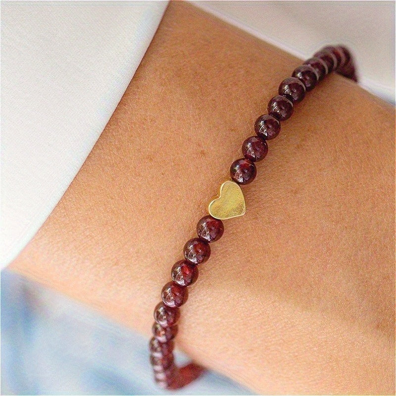 Red Garnet Bead Bracelet with Golden Heart Charm - Lucky Jewelry for Daily Elegance & Spiritual Harmony