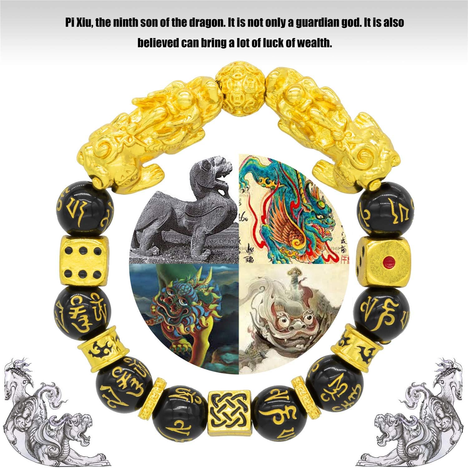 Feng Shui Bracelet Prosperity Double Pi Xiu Black Mantra Bead Bracelet with Golden Dice - Attract Wealth & Good Luck