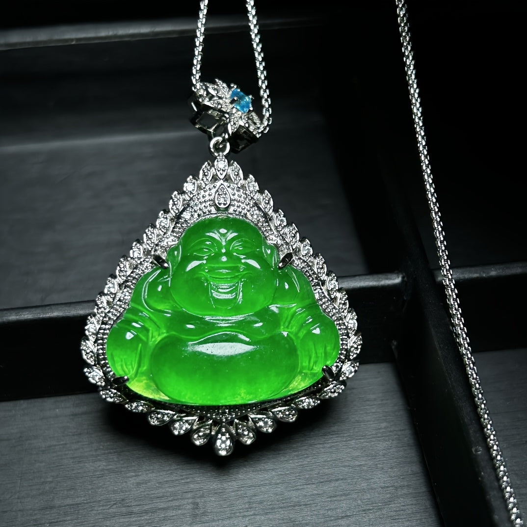 Icy Green Jade Laughing Buddha Pendant for Abundance, Serenity & Spiritual Protection