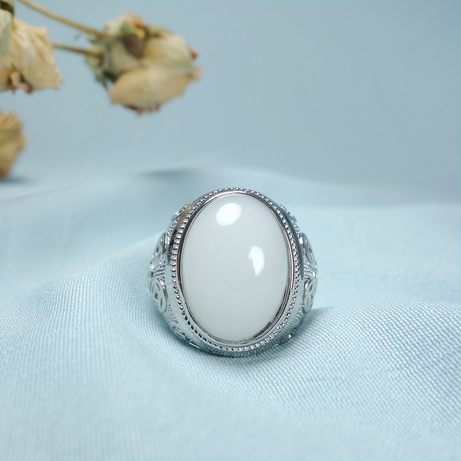High-Quality Natural Stone Inlay Ring - White Goose Egg Face Couple Ring for Beach Parties & Holiday Gifts