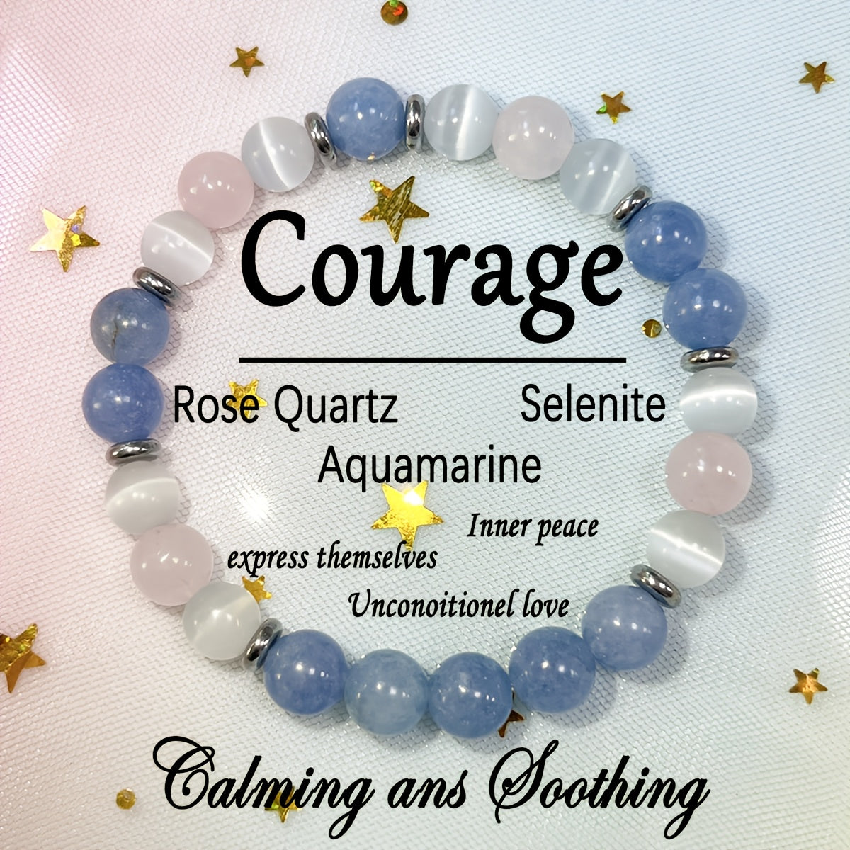 Bracelet for Inner Peace & Love - Aquamarine Rose Quartz Selenite Healing Jewelry