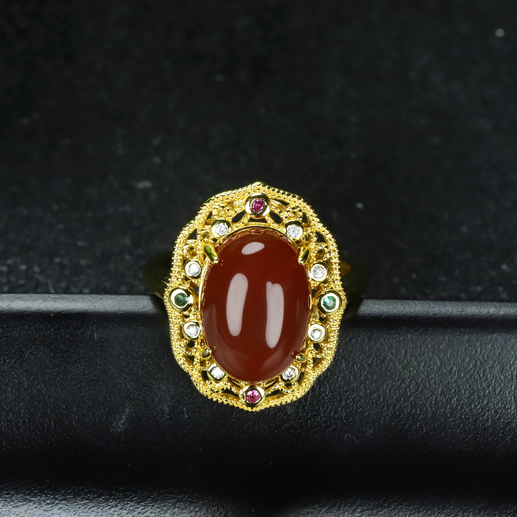 Vintage Palace Style Red Agate Adjustable Ring - Wealth, Flower Symbol & Valentine's Day Gift Jewelry