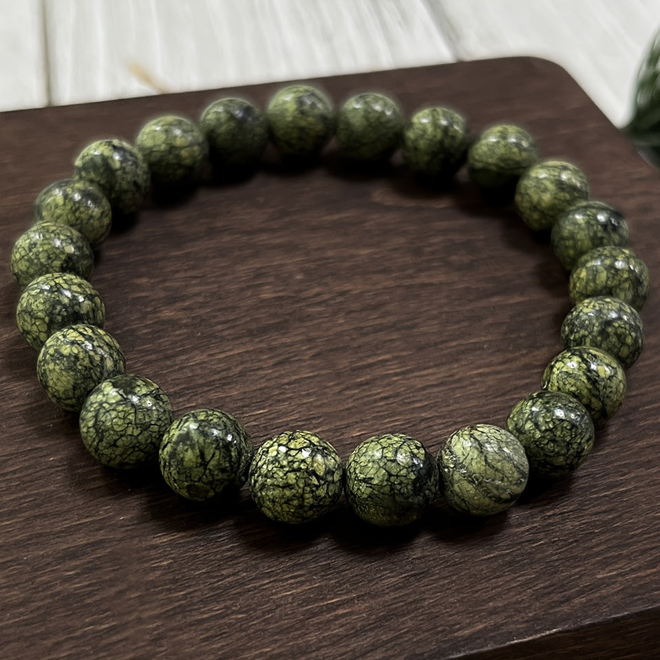 Handmade Natural Green Serpentine Bracelet - 8mm Elastic Fit Beads for Heart Chakra Healing & Prosperity