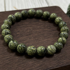 Handmade Natural Green Serpentine Bracelet - 8mm Elastic Fit Beads for Heart Chakra Healing & Prosperity
