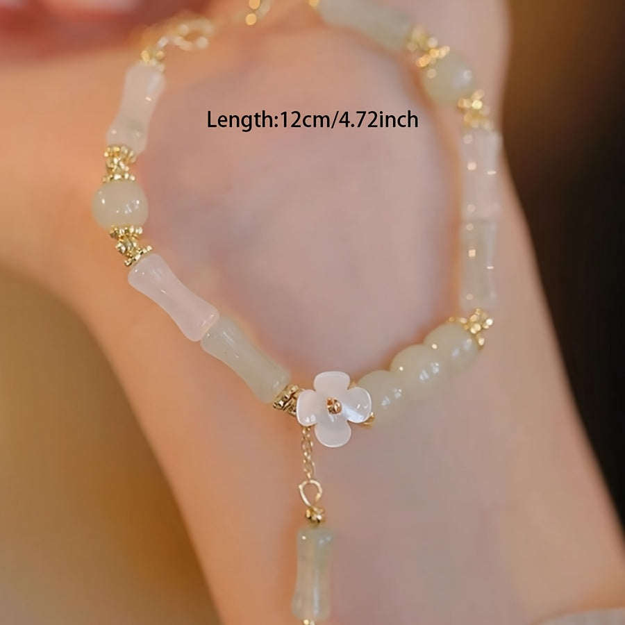 Vintage White & Golden Lotus Charm Bracelet - Faux Jade Beaded Jewelry for Mindful Living & Casual Elegance