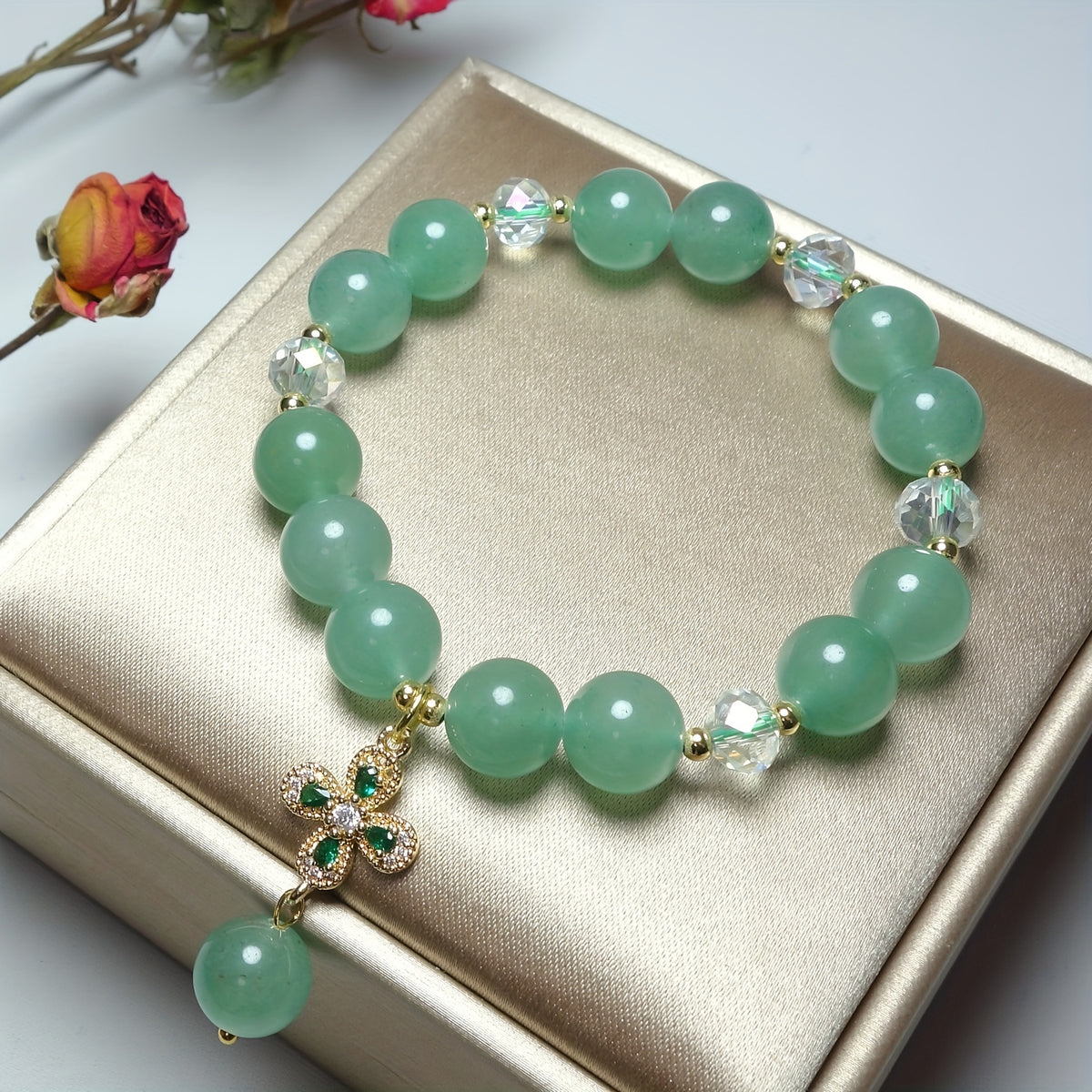 Four Leaf Clover Natural Stone Bracelet - Lucky Charm for Couples & Harmony