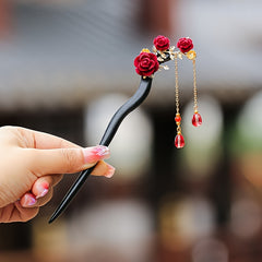 Handmade Recycled Wood Glazed Flower Hairpin - Blue Floral Hairpin with Teardrop Accents for Cheongsam & Hanfu - Traditional Chinese Hair Accessory with Positive Energy