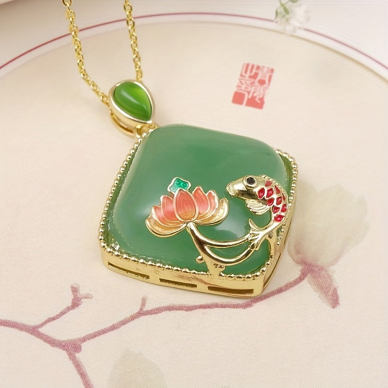 Elegant Natural Stone Pendant - Fish & Lotus Pond Design for Spiritual Harmony