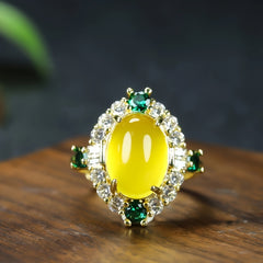 Authentic Yellow Gemstone Prosperity Ring Traditional Auspicious Retro Design for Fortune & Bright Blessings