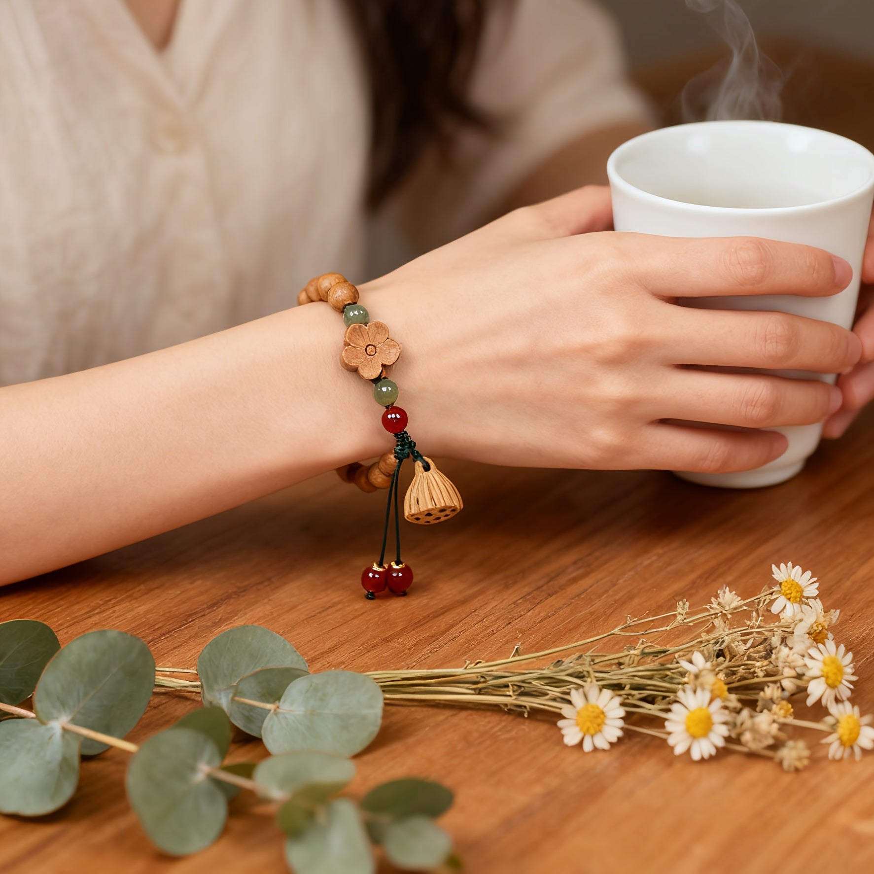 Elegant Peach Wood Lotus Pod Bracelet - Hand-Woven Plum Blossom Pattern for Spiritual Harmony & Protection