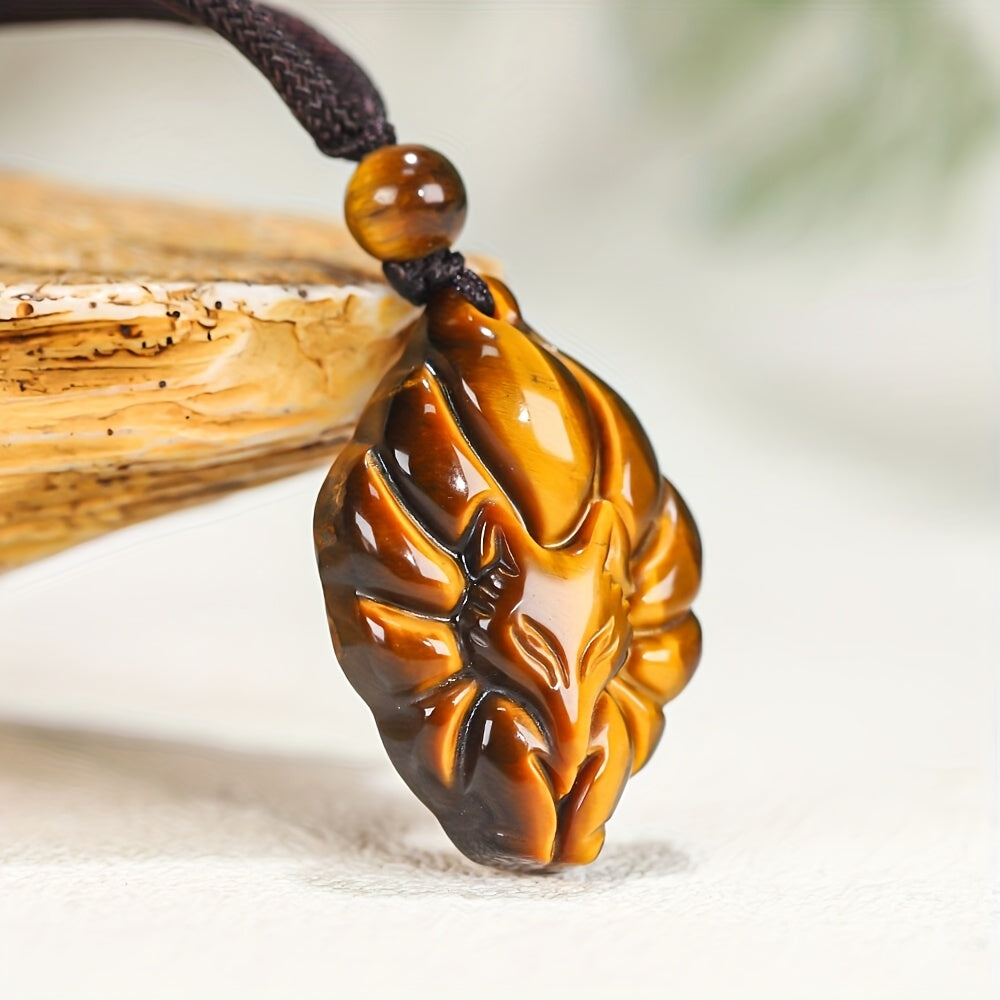 Boho Tiger Eye Nine-tailed Fox Pendant - Natural Stone Energy for Daily Wear & Festivals