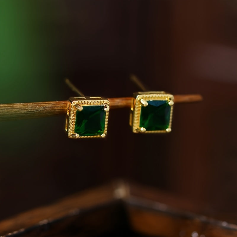 Gold-Plated Square Green Synthetic Stone Stud Earrings - Minimalist Design with Healing Energy