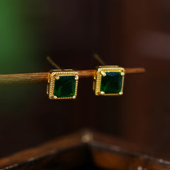 Gold-Plated Square Green Synthetic Stone Stud Earrings - Minimalist Design with Healing Energy
