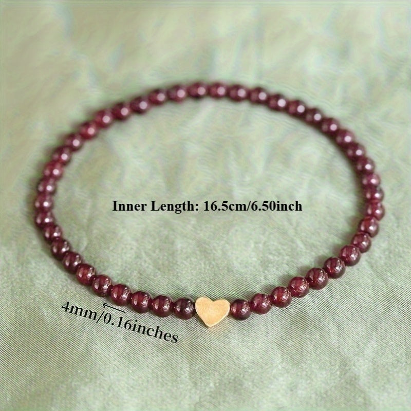 Red Garnet Bead Bracelet with Golden Heart Charm - Lucky Jewelry for Daily Elegance & Spiritual Harmony