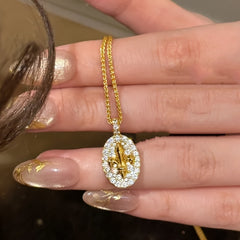 Vintage-Inspired 18K Golden-Plated Synthetic Zirconia Pendant Necklace - Elegant Fleur-de-Lis Design for Spiritual Harmony