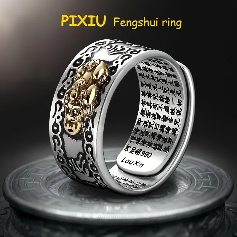 Neutral Feng Shui Ring with Pi Xiu | Silver-Plated Wealth Attraction Talisman for Career Success