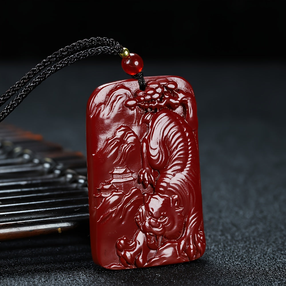 Purple Golden Pyrite Square Tiger Pendant with Red Cinnabar for Courage and Protection