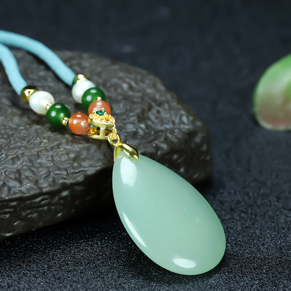 Elegant Natural Stone Teardrop Pendant Necklace for Women with Green Accent for Emotional Balance