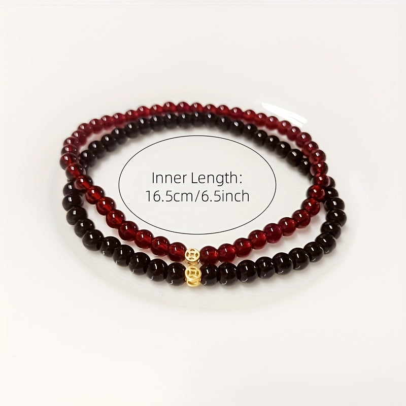 Red Garnet & Black Obsidian Bracelet Set - Lucky Coin Pendant for Couples & Daily Wear