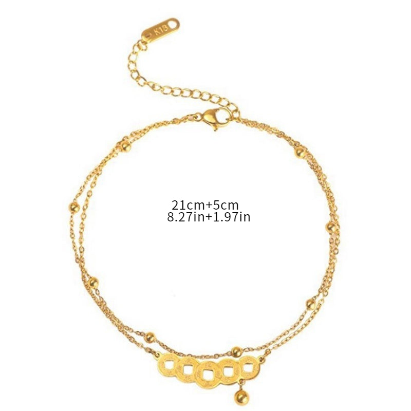 Vintage Asian-Inspired Lucky Foot Chain - Golden Copper Coin Pendant for Good Luck Energy