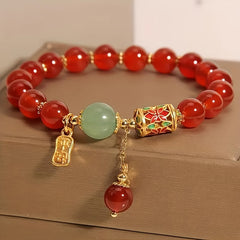 Red Agate & Green Jade Harmony Bracelet – Feng Shui Prosperity & Protection Talisman  - Vintage Bohemian Red Agate Bead Bracelet with Golden-Tone Charm & Green Accent Beads, Unisex Everyday Jewelry Gift for Boyfriend, Girlfriend, Best Friend