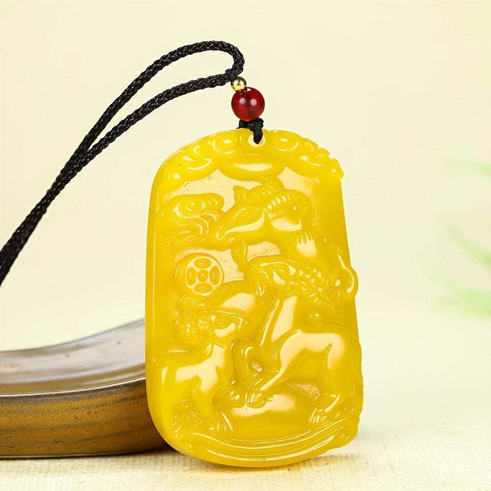 Yellow Jade Pendant with Three Sheep Charm - Unisex Amulet for Good Fortune and Harmony