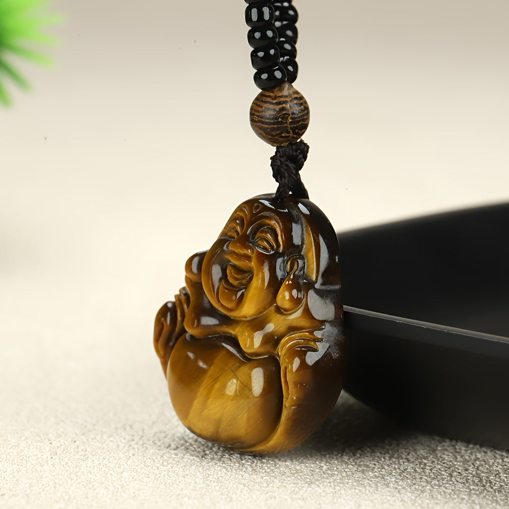 Hand-Carved Tiger's Eye Laughing Buddha Necklace for Protection and Abundance