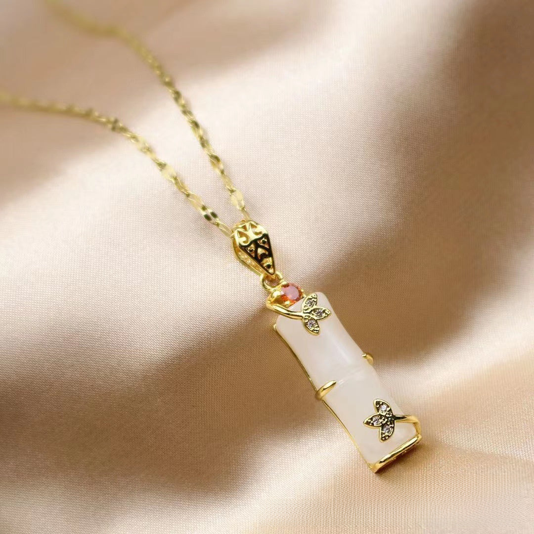 Ethnic Style Imitation Jade Bamboo Necklace - Enhancing Transformation & Resilience Through Butterfly & Bamboo Symbolism