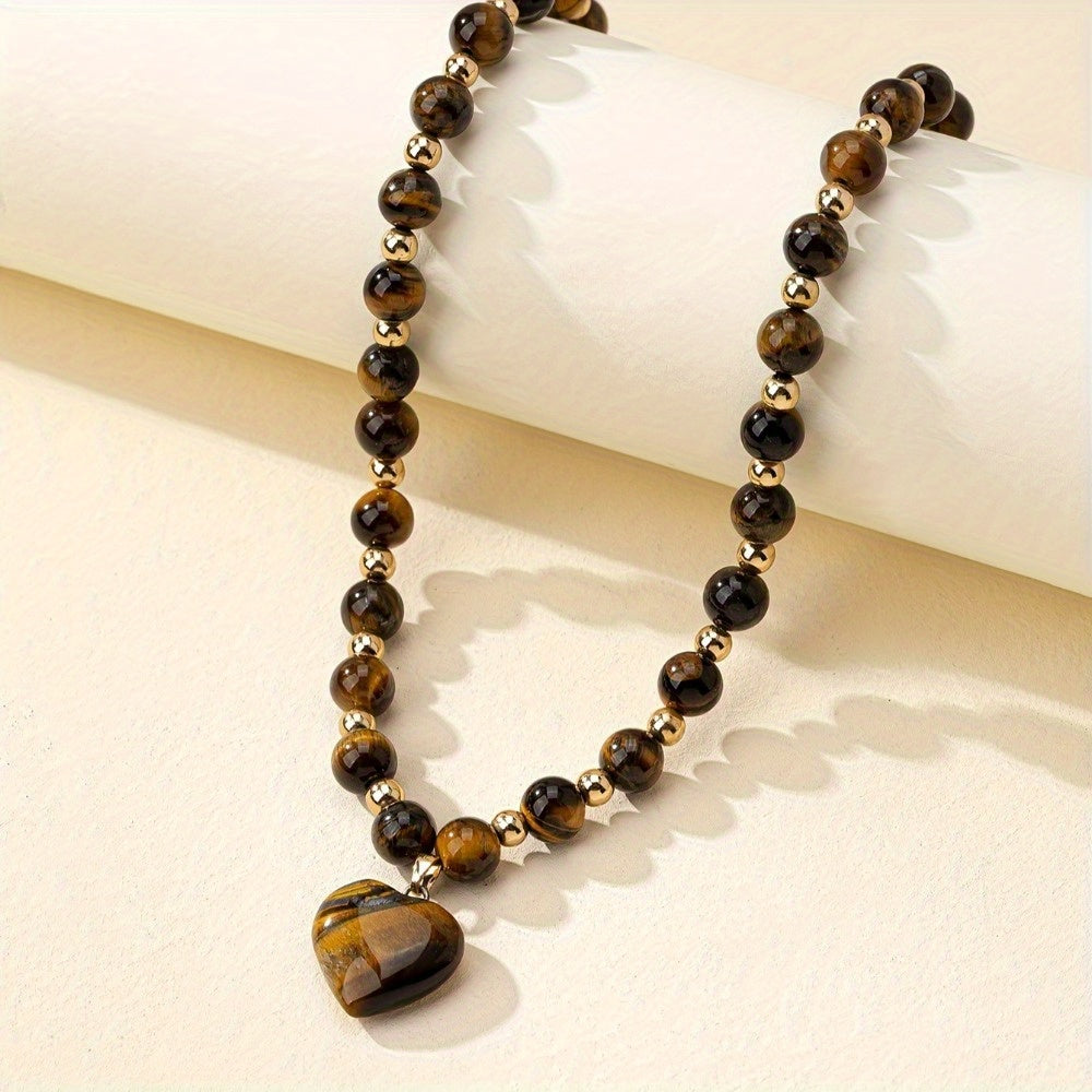 Spring/Summer Retro Maillard Clavicle Chain - Tiger Eye Stone & Golden Beads for Banquet Elegance & Spiritual Harmony