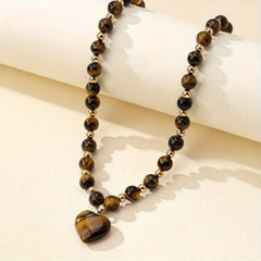 Spring/Summer Retro Maillard Clavicle Chain - Tiger Eye Stone & Golden Beads for Banquet Elegance & Spiritual Harmony