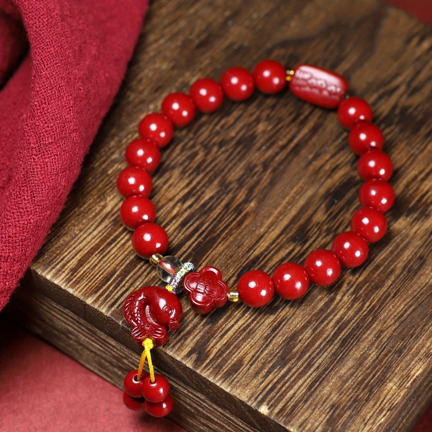 Cinnabar Stone Lucky Charm Bracelet with Fish Pendant - Rustic French-Inspired Design for Daily Wear & Festivals, Ideal Valentine'S Day Gift