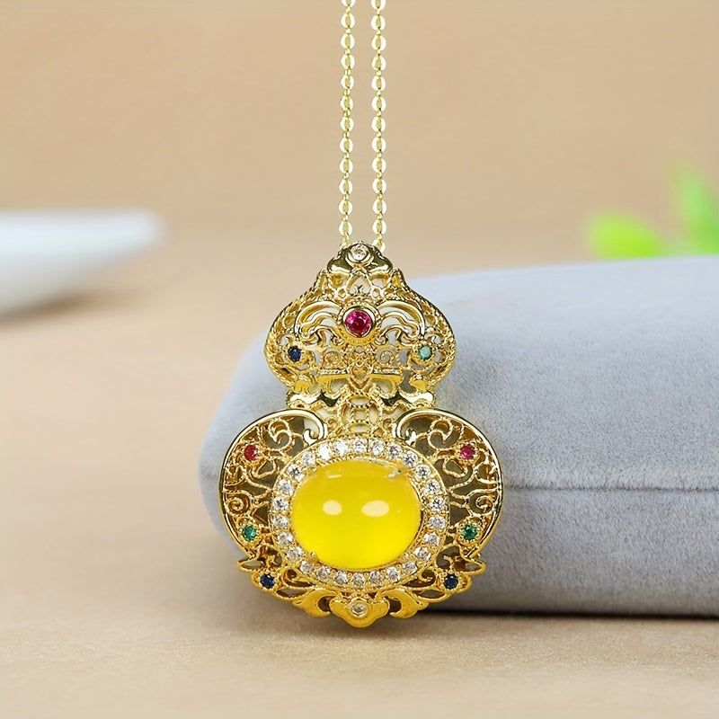 Chinese Gourd Pendant Necklace with Natural Stone - Prosperity & Protection Energy for Lucky Wear