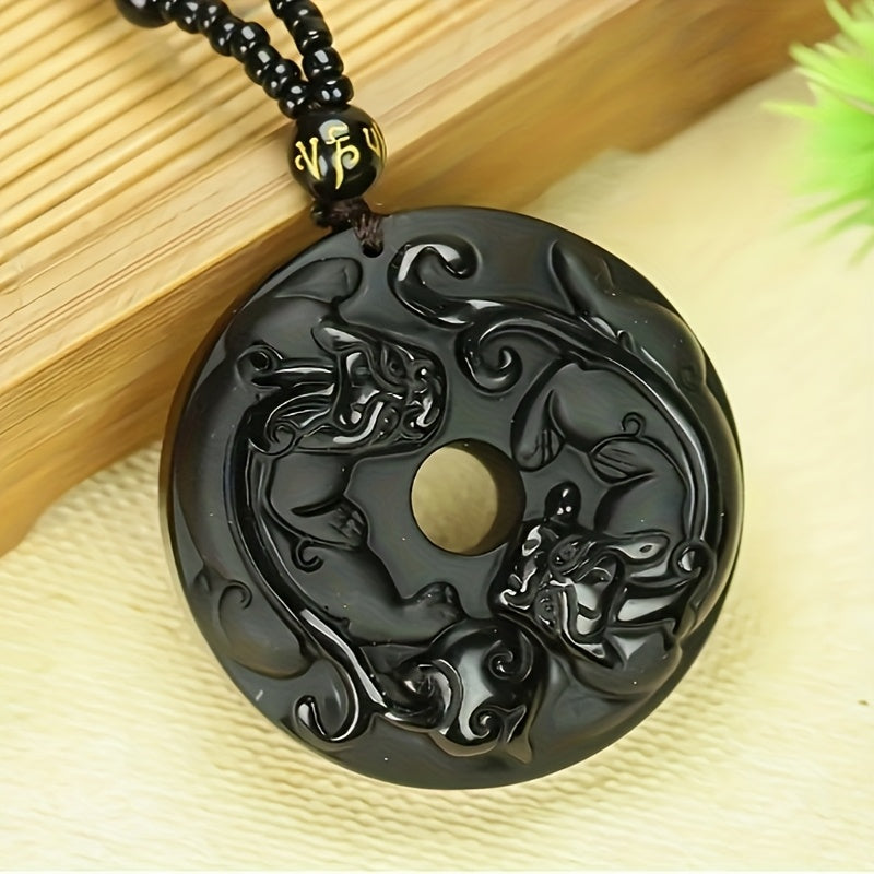 Elegant Obsidian Double Pixiu Pendant Necklace - Natural Stone Amulet for Protection & Prosperity