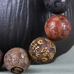 Elegant Hand-Carved Wooden Character Beads Bracelet - Unisex Good Luck Wealth Bracelet with 12 Beads | Natural Energy Enhancement & Spiritual Protection
