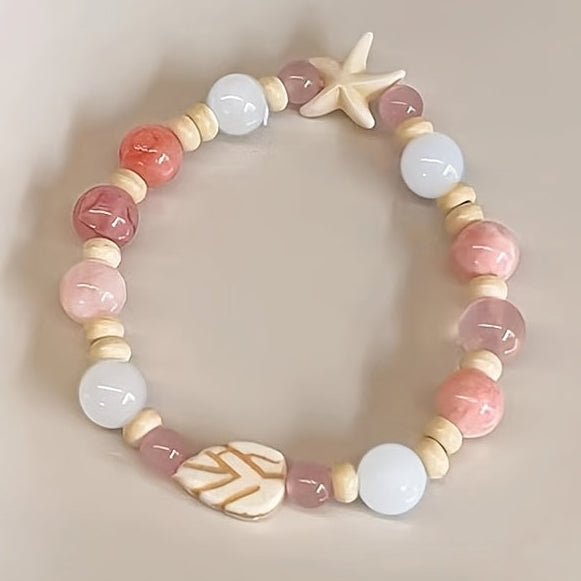 Pastel Pink Blue Ceramic Beaded Bracelet Starfish Charm Bohemian Energy Harmony Daily Wear